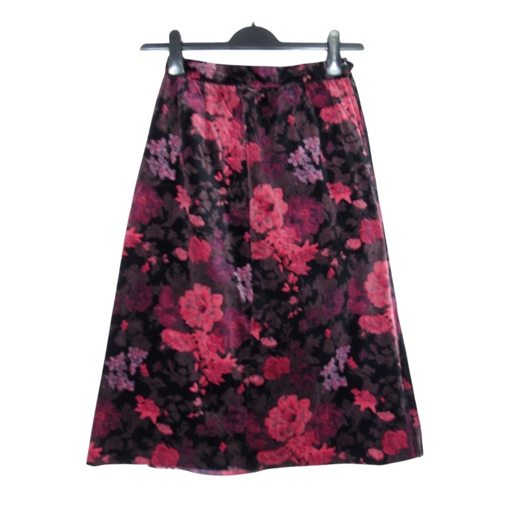 VTG Black/Pink FLORAL VELVET Whimsigoth Coquette PLEATED A-Line Skirt 24"W, sz S